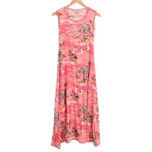 Tropical Palm Tree Sailboat Midi Dress Pink Beach Vacation Resort Cruise Size‎ S